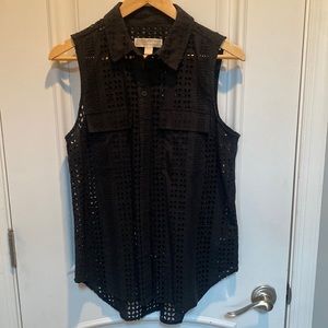 Michael Kors Black Eyelet Sleevess Button Down Shirt, Size 12